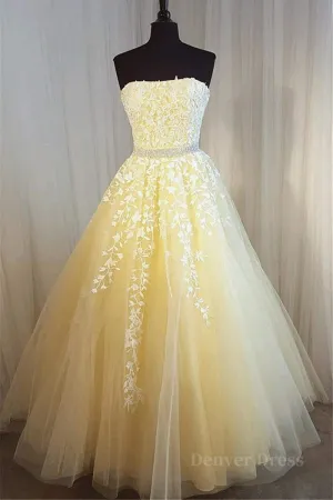 kamahe Strapless Yellow Lace Long Prom Dress, Yellow Lace Formal Graduation Evening Dress, Yellow Ball Gown