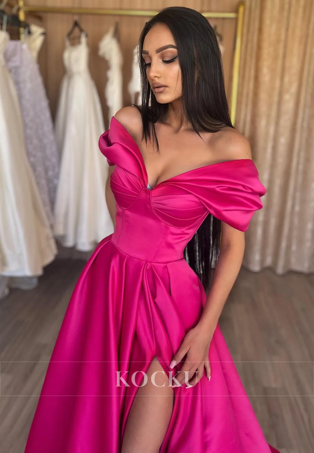L1140 - Sheath/Column Off-Shoulder Satin Split Sleeveless Prom Dress