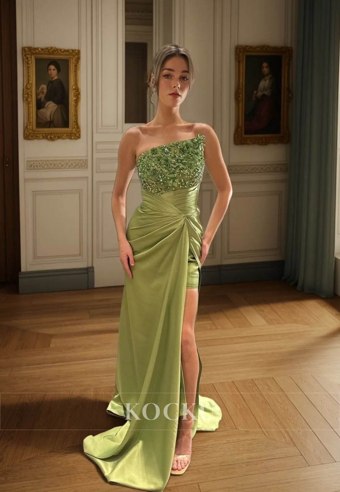 L3089 - Couture & Ornate Off-Shoulder Sleeveless Ruched Evening Party Prom Dress With Sequined