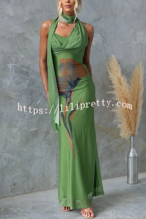 Larne Mesh Floral Print Wrap Style Neckline Stretch Maxi Dress