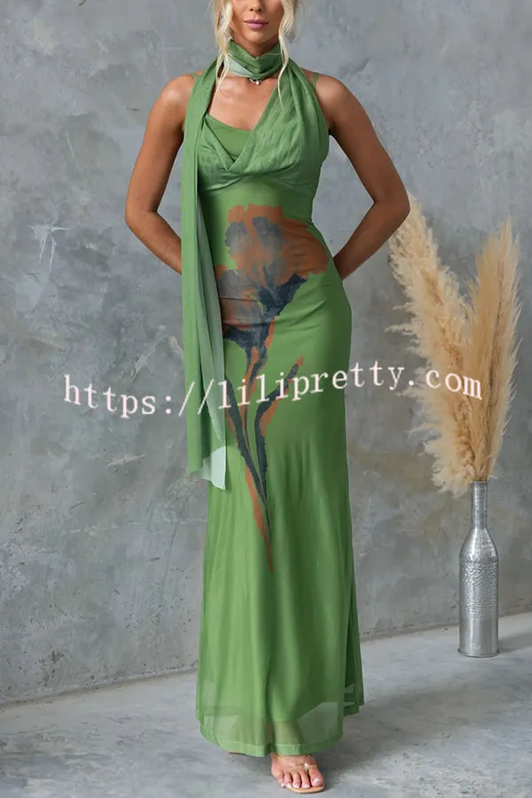 Larne Mesh Floral Print Wrap Style Neckline Stretch Maxi Dress