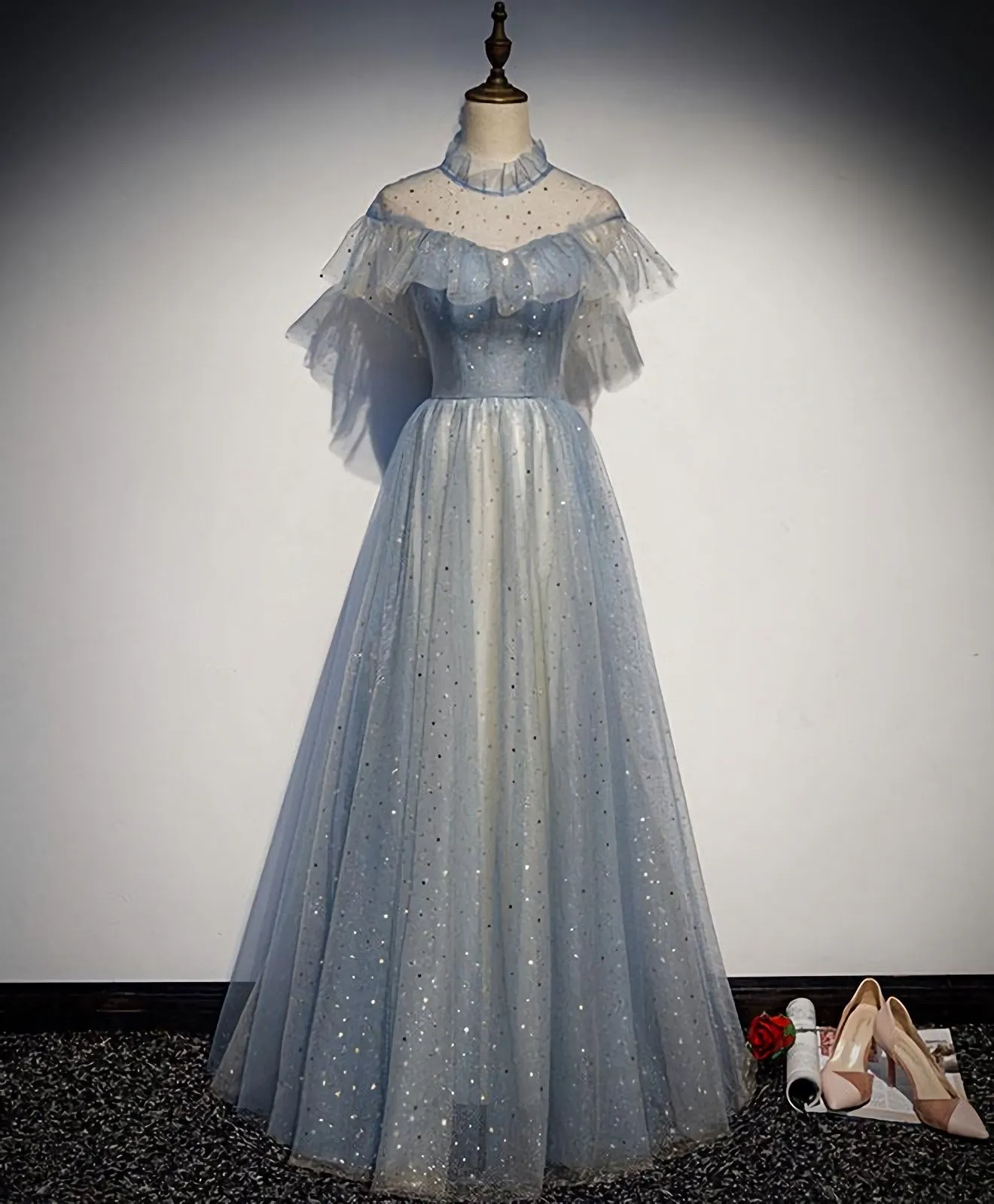 Light Blue Tulle Lace Long Prom Dress, Tulle Evening Dress