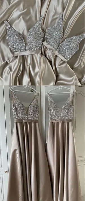 Long Champagne Satin Bridesmaid Dresses Plunge Neck Beaded Top Prom Evening Gown