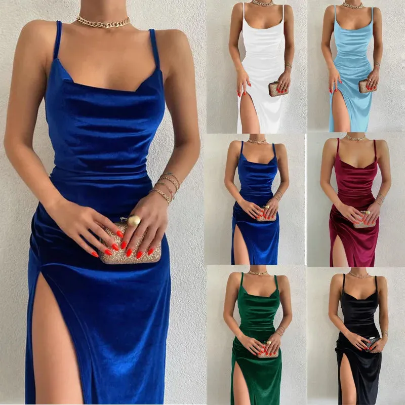 LVSANW 2024 Elegant Evening Gown For Women Summer Velvet Midi Bodycon Dress Women Sleeveless Off Shoulder Backless Party Club Dresses