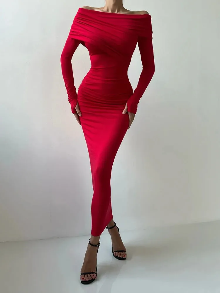 LVSANW CNYISHE Red Strapless Sexy Club Women Dresses Slash Neck Long Sleeve Sheath Outfits Fashion Slim Bodycon Female Vestidos Robes