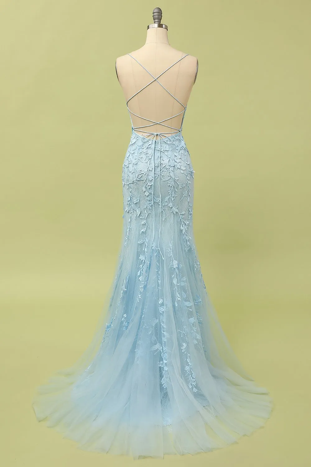 Mermaid Blue Long Prom Dress Backless Evening Dress