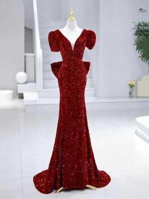 Mermaid Sequins Long Prom Dress Burgundy V-Neck Evening Dress
