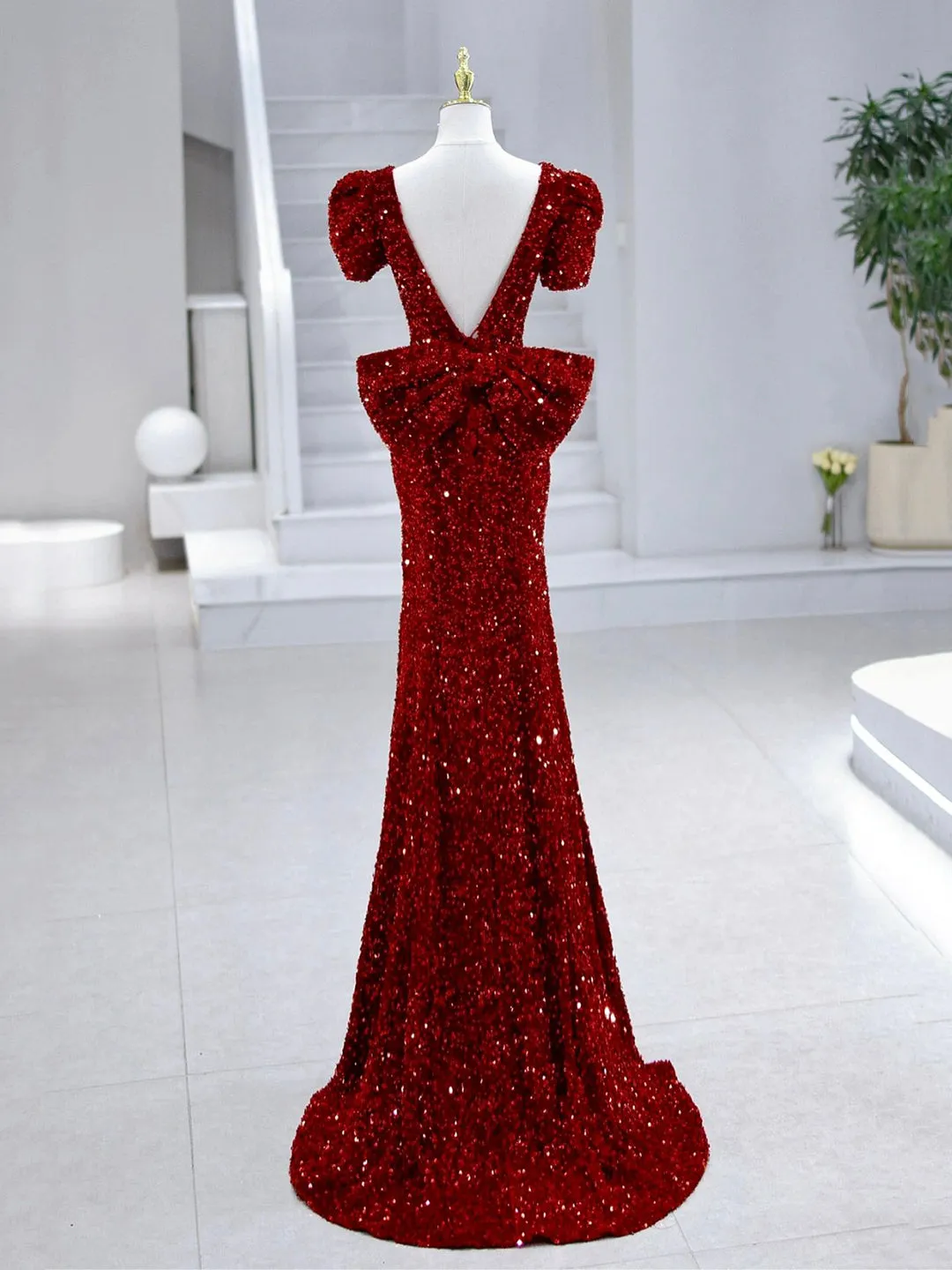 Mermaid Sequins Long Prom Dress Burgundy V-Neck Evening Dress