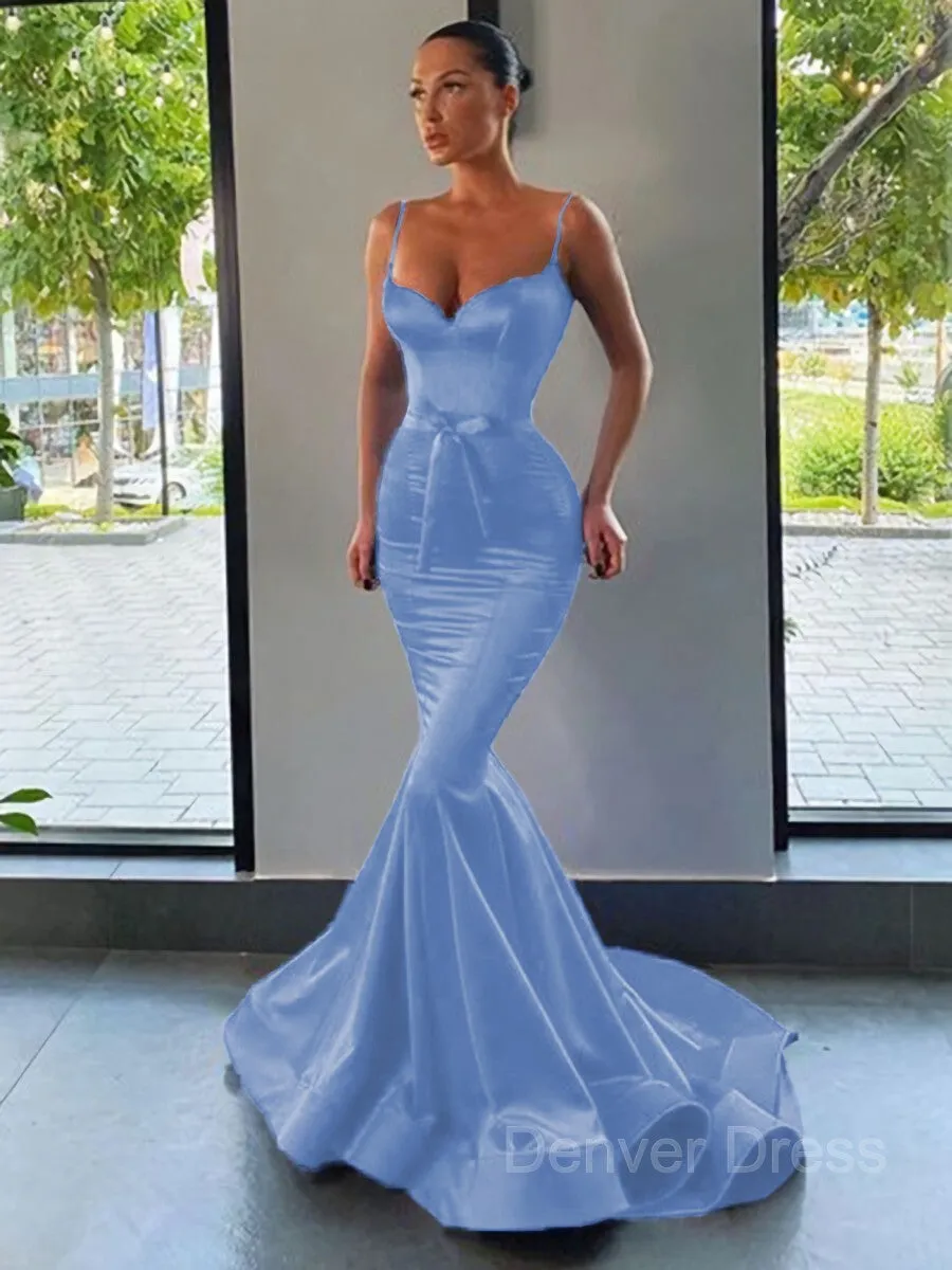 Mermaid Sweetheart Sweep Train Silk like Satin Prom Dresses With Sash