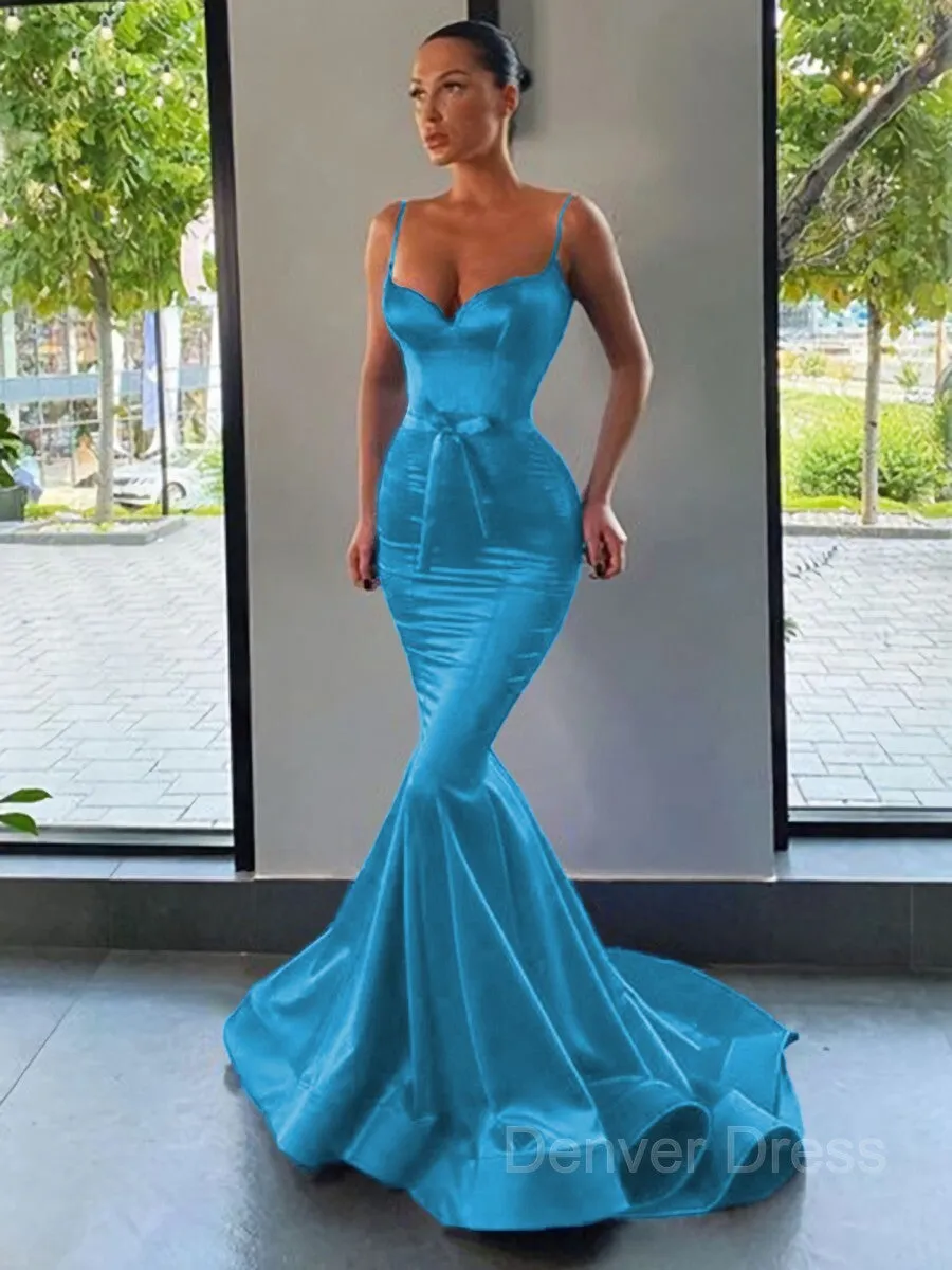 Mermaid Sweetheart Sweep Train Silk like Satin Prom Dresses With Sash