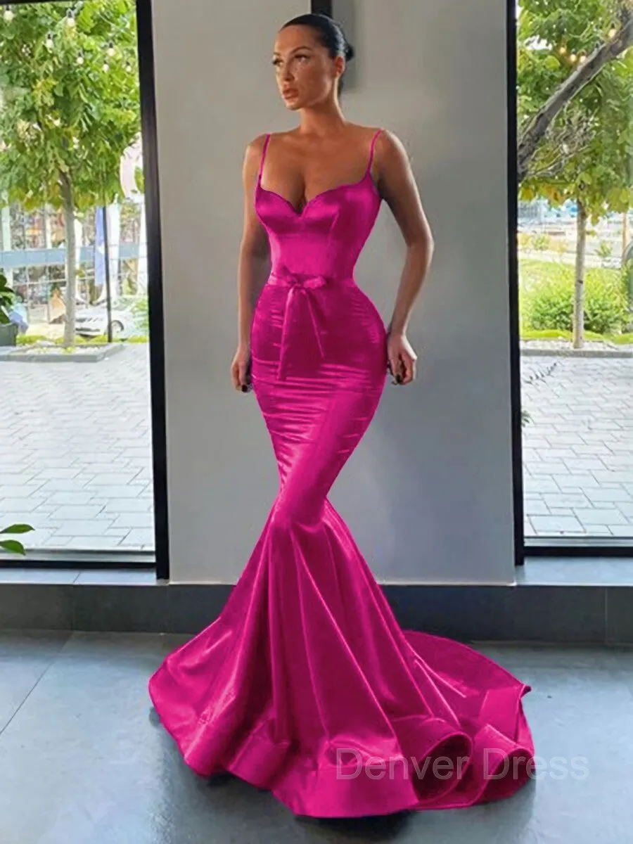 Mermaid Sweetheart Sweep Train Silk like Satin Prom Dresses With Sash