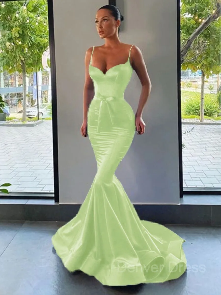 Mermaid Sweetheart Sweep Train Silk like Satin Prom Dresses With Sash