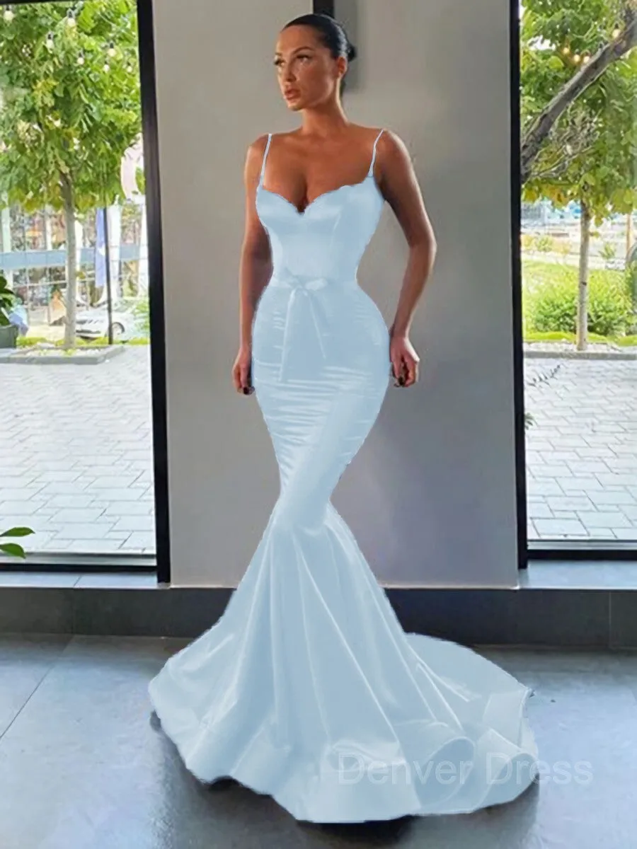 Mermaid Sweetheart Sweep Train Silk like Satin Prom Dresses With Sash