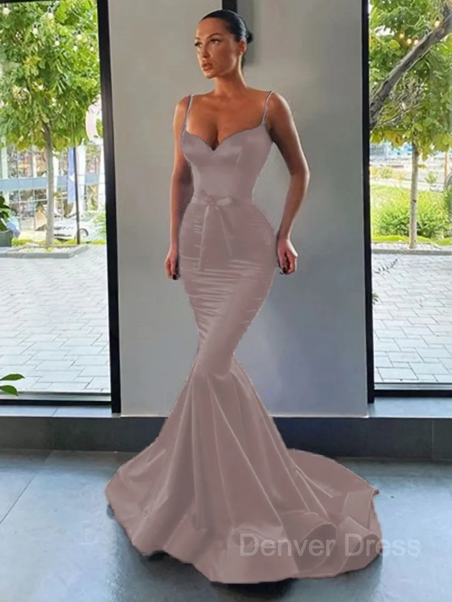 Mermaid Sweetheart Sweep Train Silk like Satin Prom Dresses With Sash