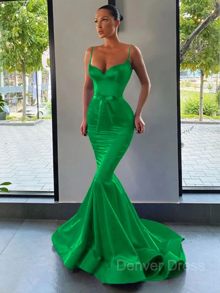 Mermaid Sweetheart Sweep Train Silk like Satin Prom Dresses With Sash