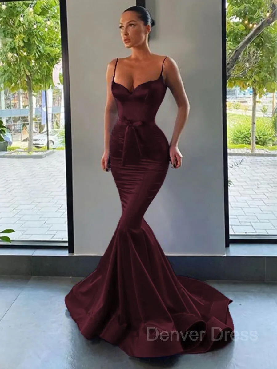 Mermaid Sweetheart Sweep Train Silk like Satin Prom Dresses With Sash