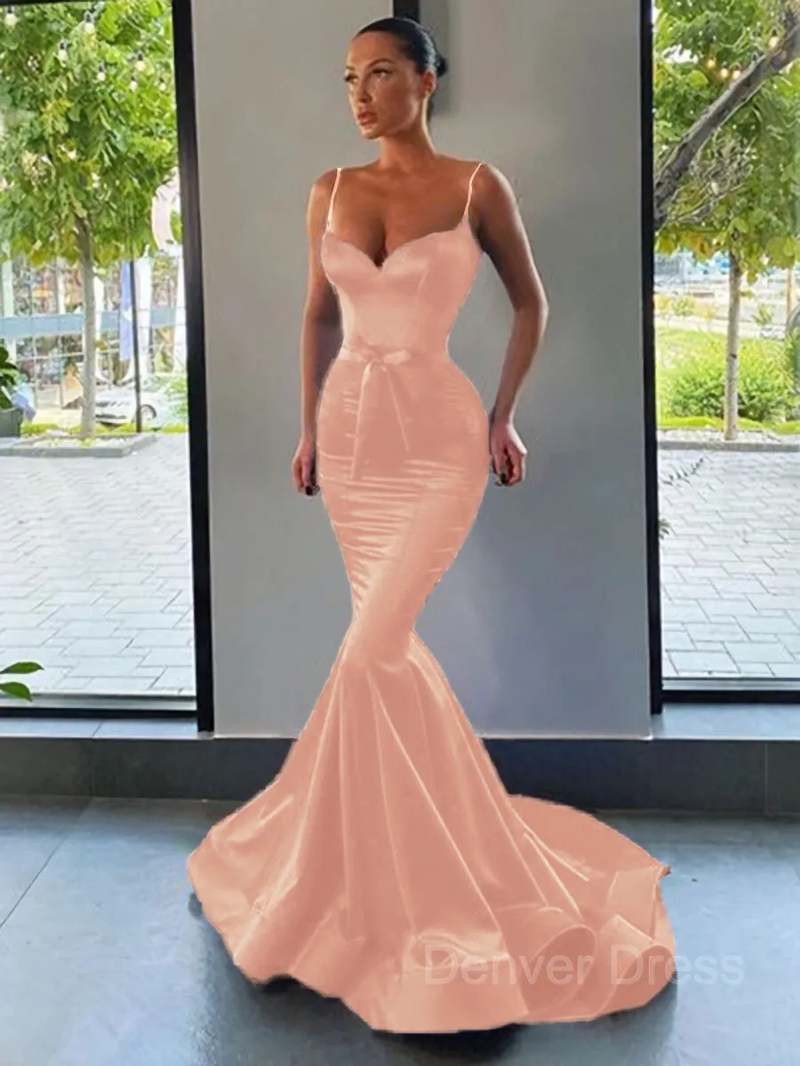 Mermaid Sweetheart Sweep Train Silk like Satin Prom Dresses With Sash