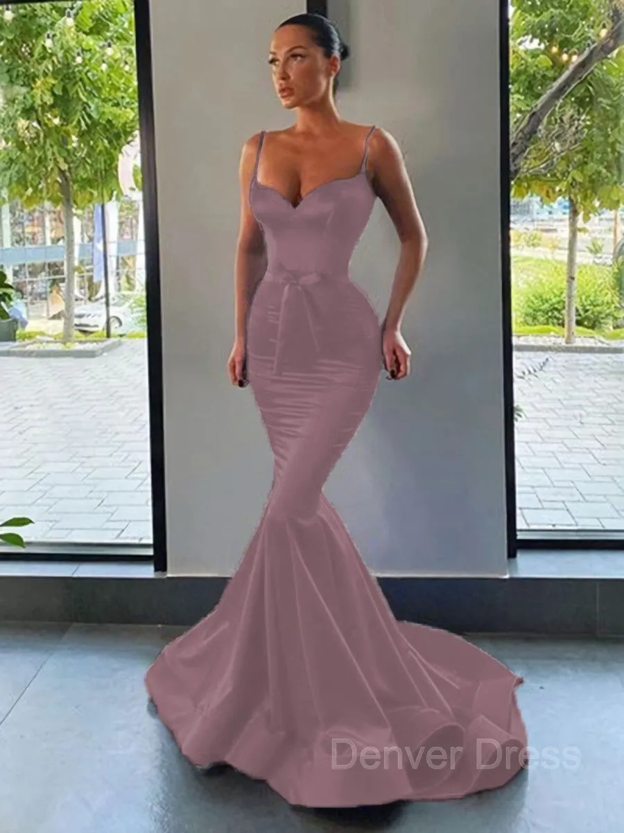 Mermaid Sweetheart Sweep Train Silk like Satin Prom Dresses With Sash
