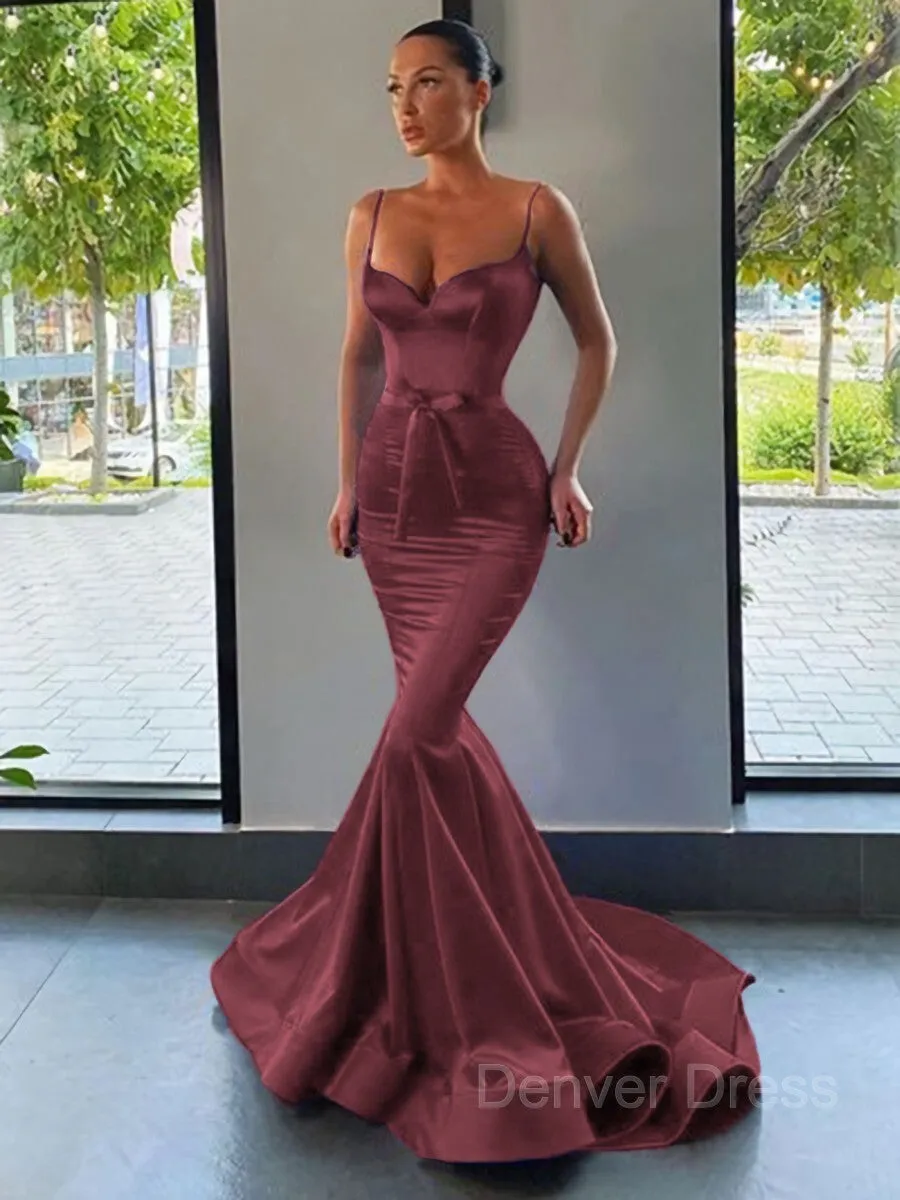 Mermaid Sweetheart Sweep Train Silk like Satin Prom Dresses With Sash