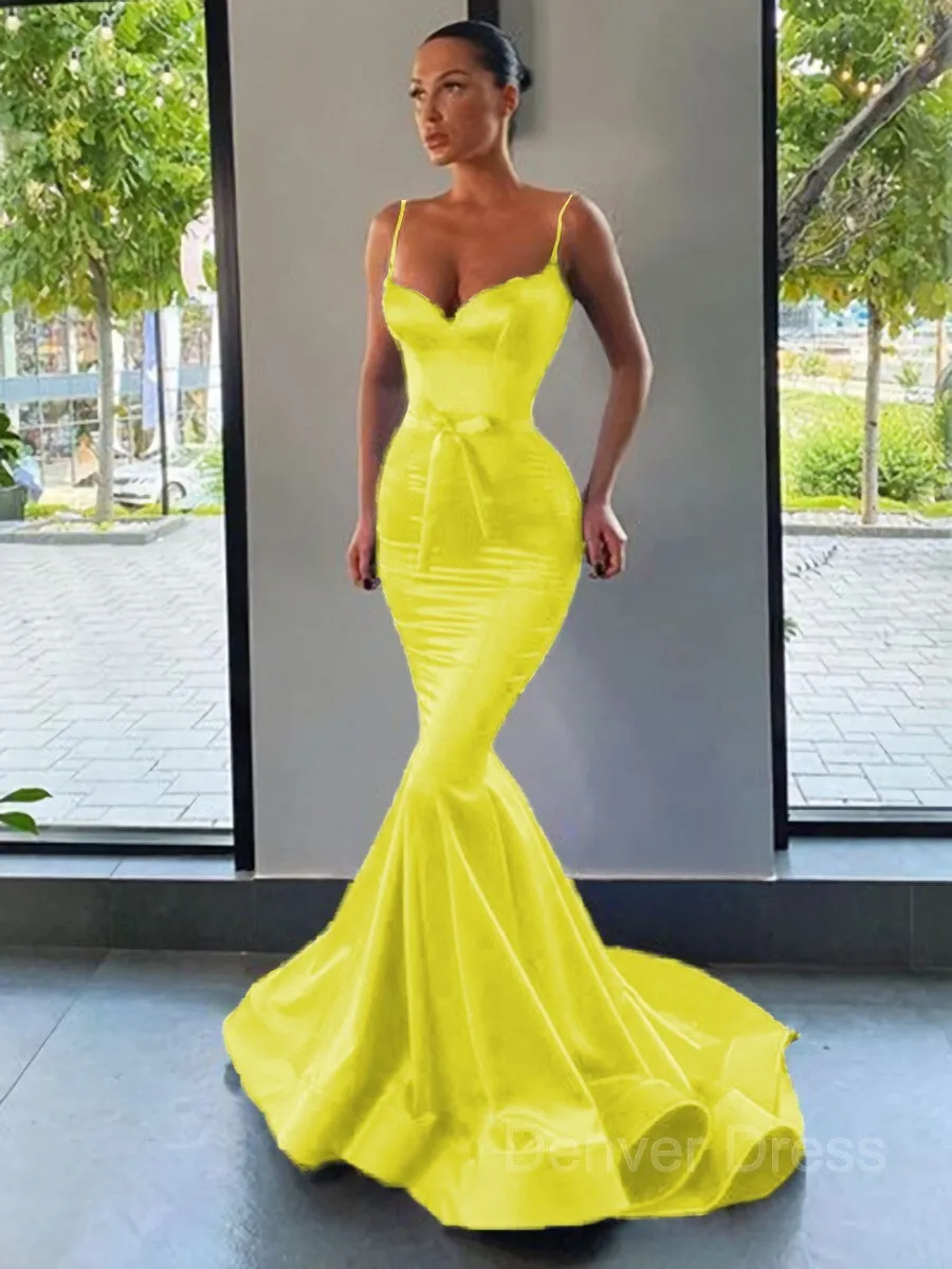 Mermaid Sweetheart Sweep Train Silk like Satin Prom Dresses With Sash