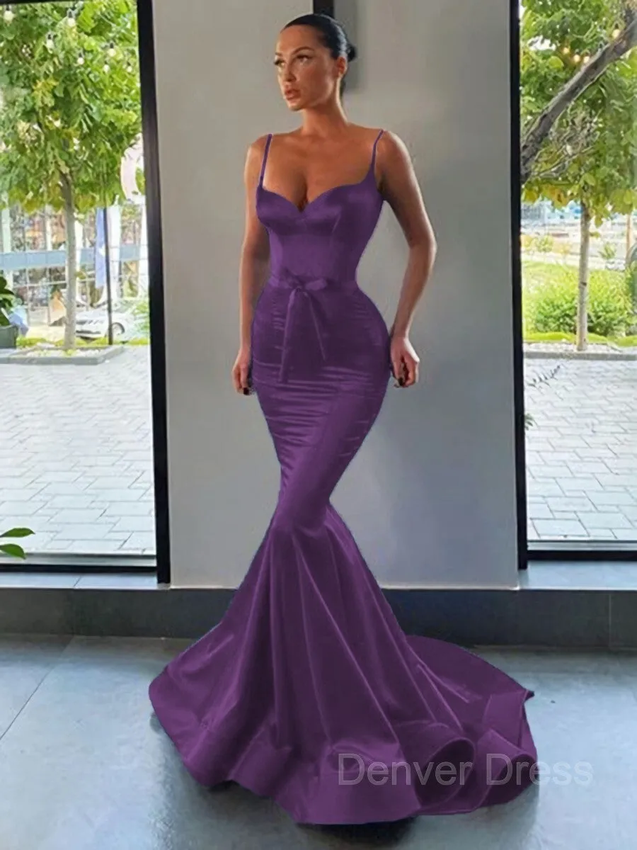Mermaid Sweetheart Sweep Train Silk like Satin Prom Dresses With Sash
