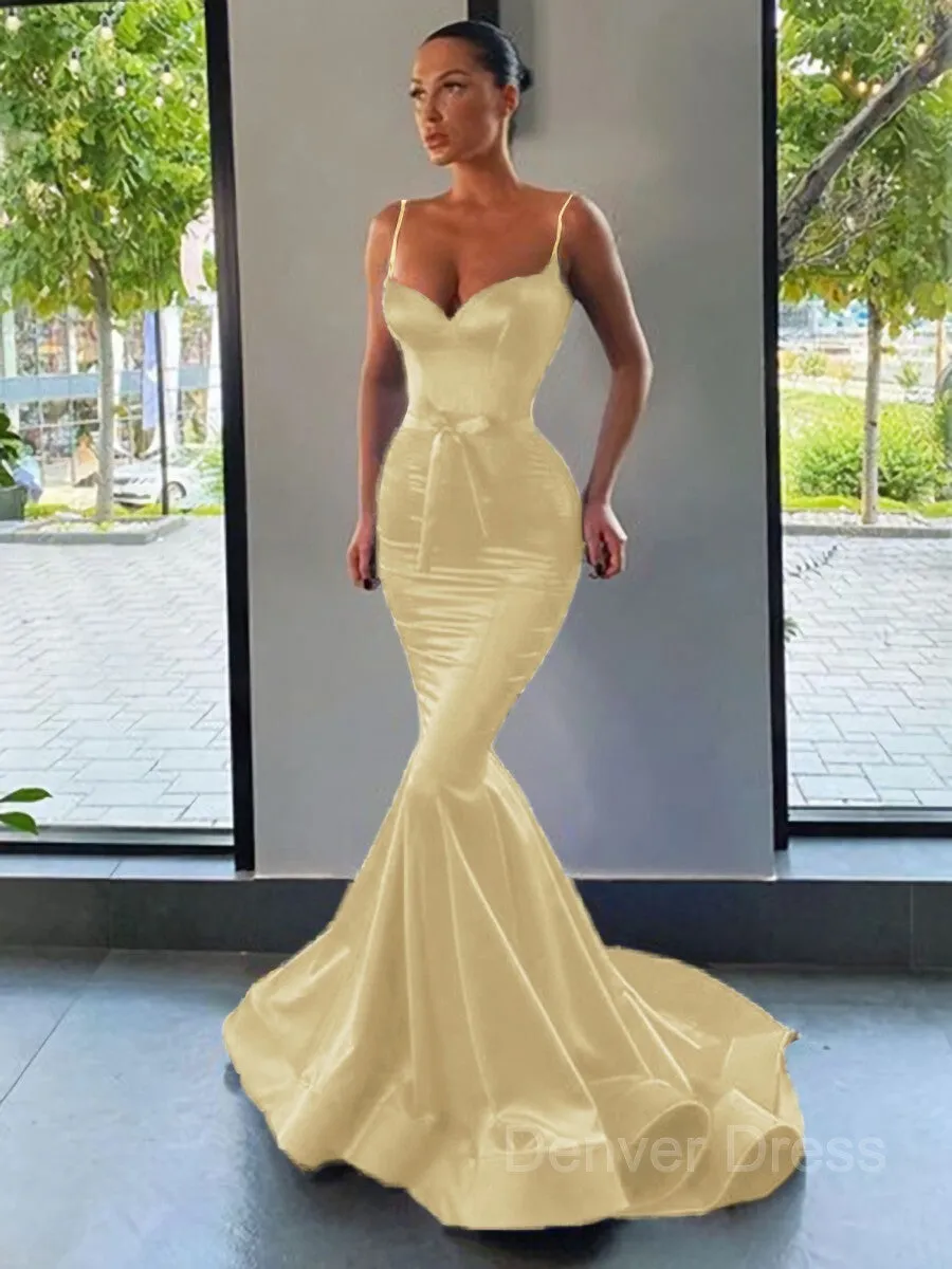 Mermaid Sweetheart Sweep Train Silk like Satin Prom Dresses With Sash