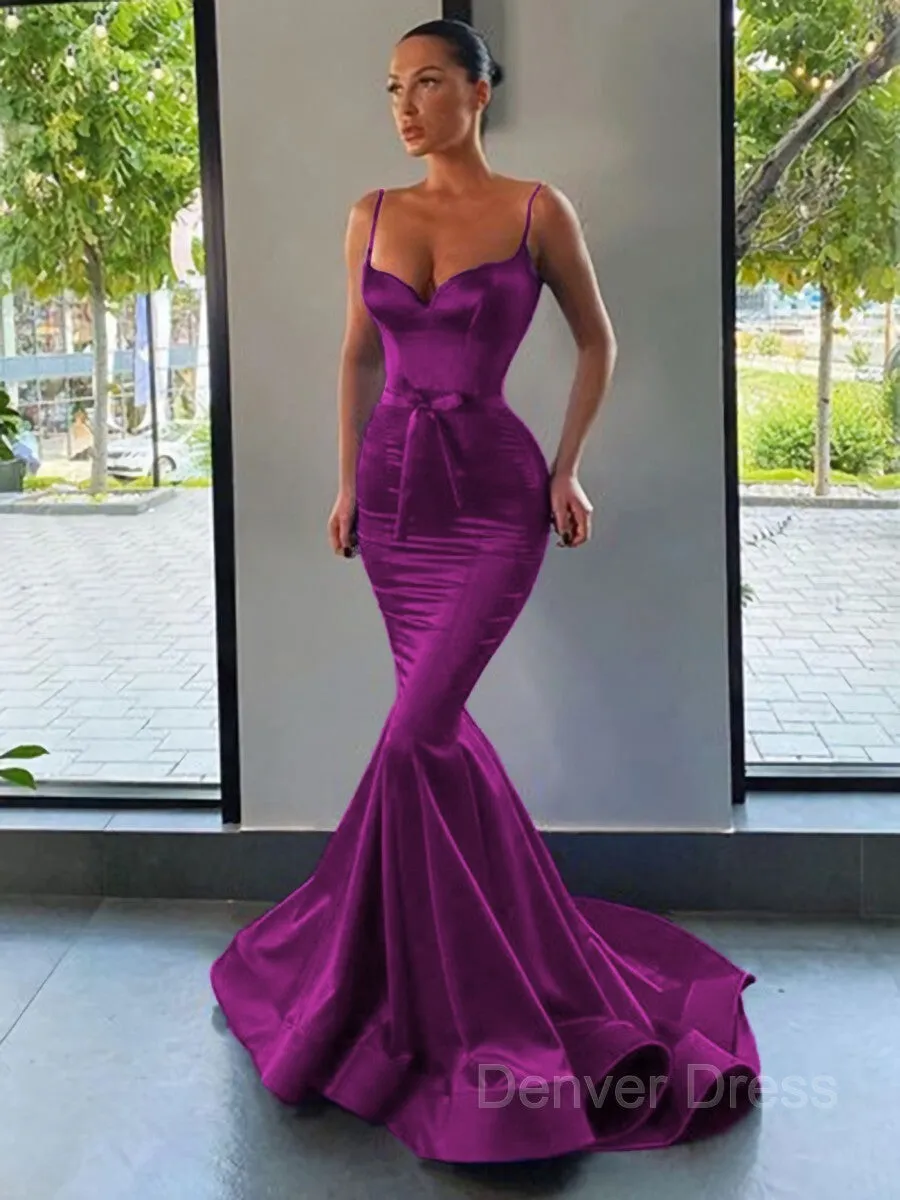 Mermaid Sweetheart Sweep Train Silk like Satin Prom Dresses With Sash