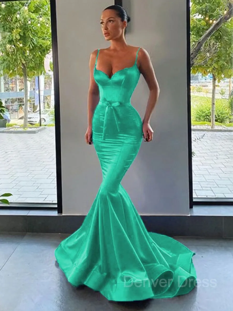 Mermaid Sweetheart Sweep Train Silk like Satin Prom Dresses With Sash