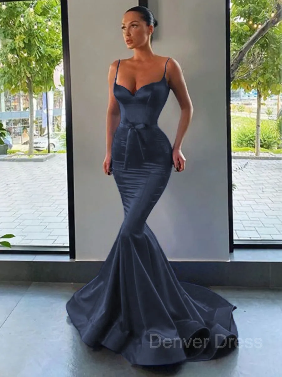 Mermaid Sweetheart Sweep Train Silk like Satin Prom Dresses With Sash