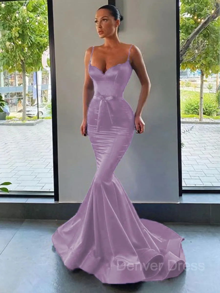 Mermaid Sweetheart Sweep Train Silk like Satin Prom Dresses With Sash