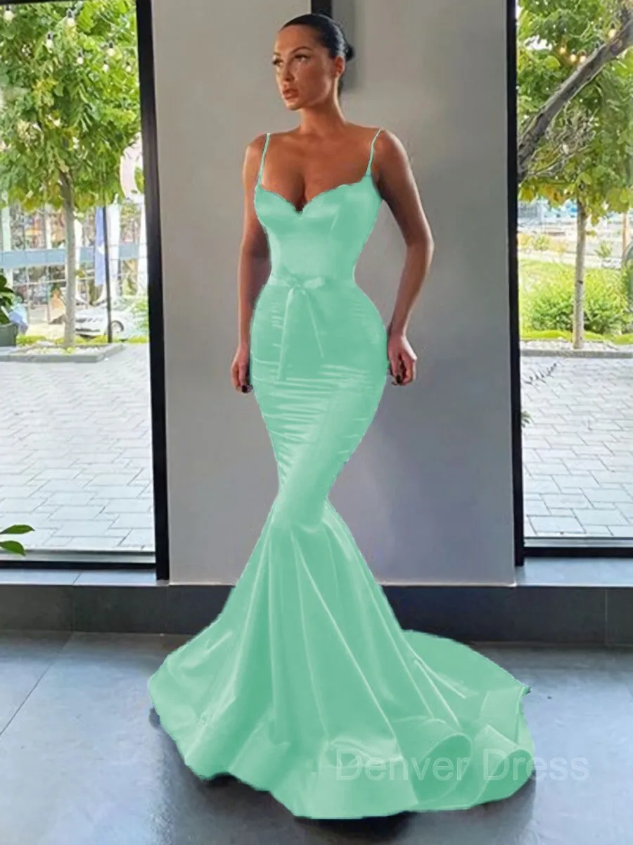 Mermaid Sweetheart Sweep Train Silk like Satin Prom Dresses With Sash