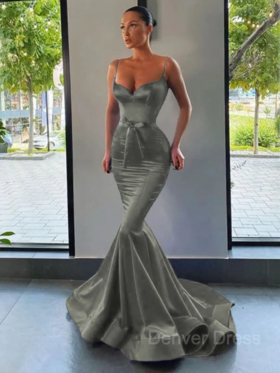 Mermaid Sweetheart Sweep Train Silk like Satin Prom Dresses With Sash