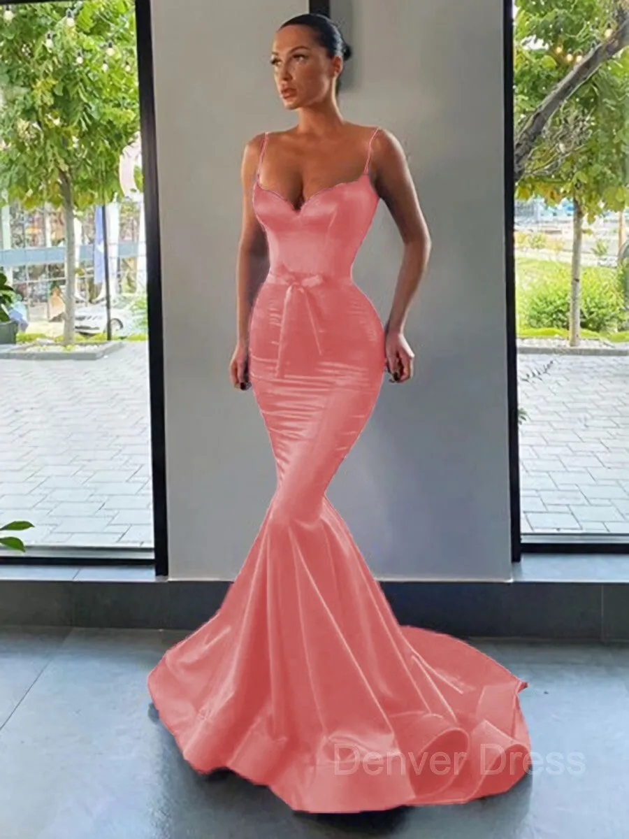 Mermaid Sweetheart Sweep Train Silk like Satin Prom Dresses With Sash