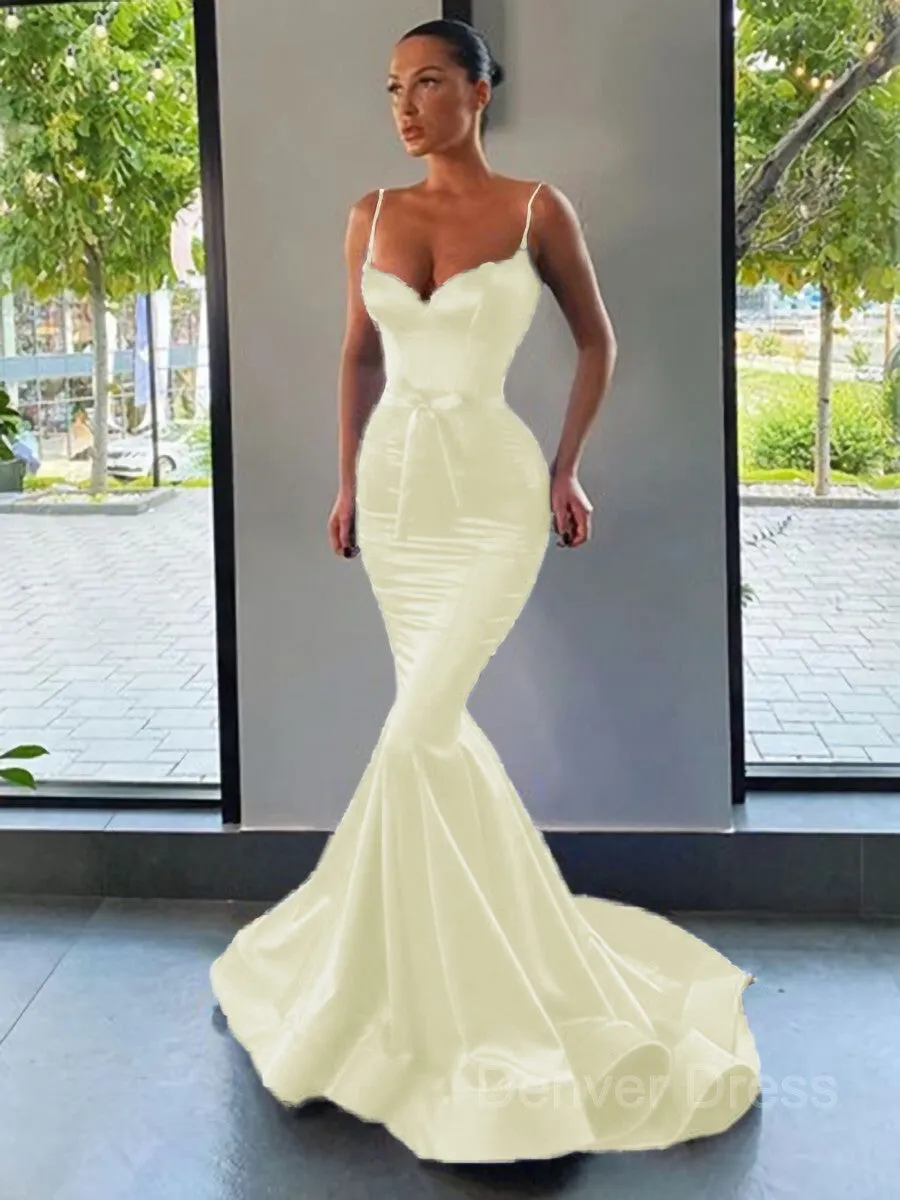Mermaid Sweetheart Sweep Train Silk like Satin Prom Dresses With Sash