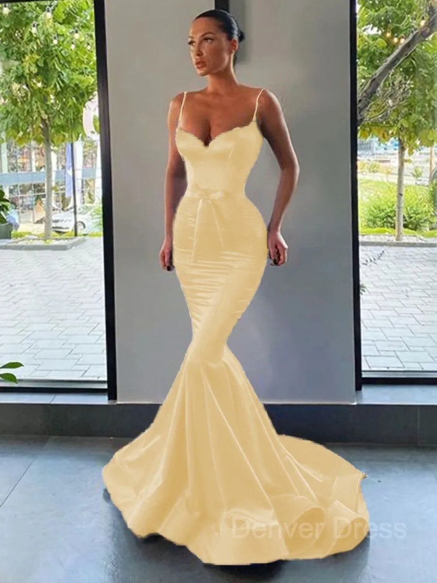 Mermaid Sweetheart Sweep Train Silk like Satin Prom Dresses With Sash