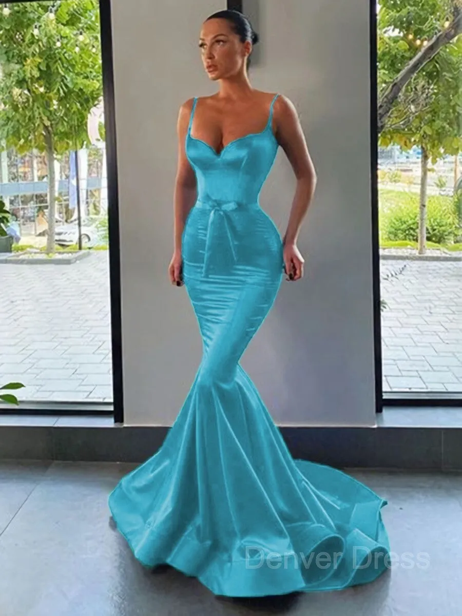 Mermaid Sweetheart Sweep Train Silk like Satin Prom Dresses With Sash