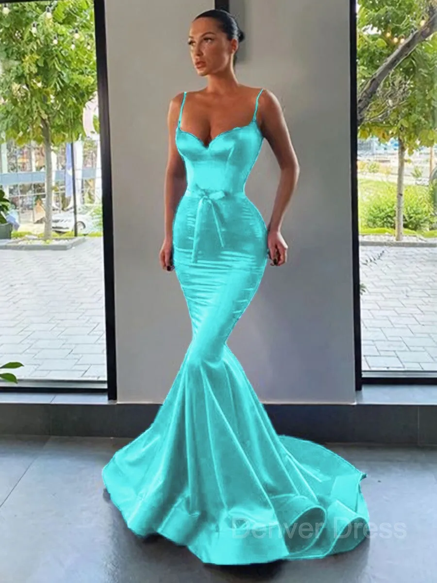 Mermaid Sweetheart Sweep Train Silk like Satin Prom Dresses With Sash