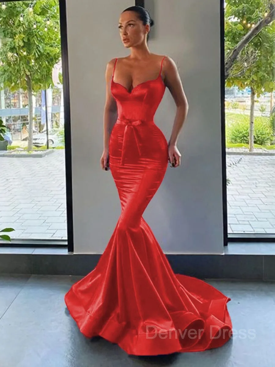 Mermaid Sweetheart Sweep Train Silk like Satin Prom Dresses With Sash