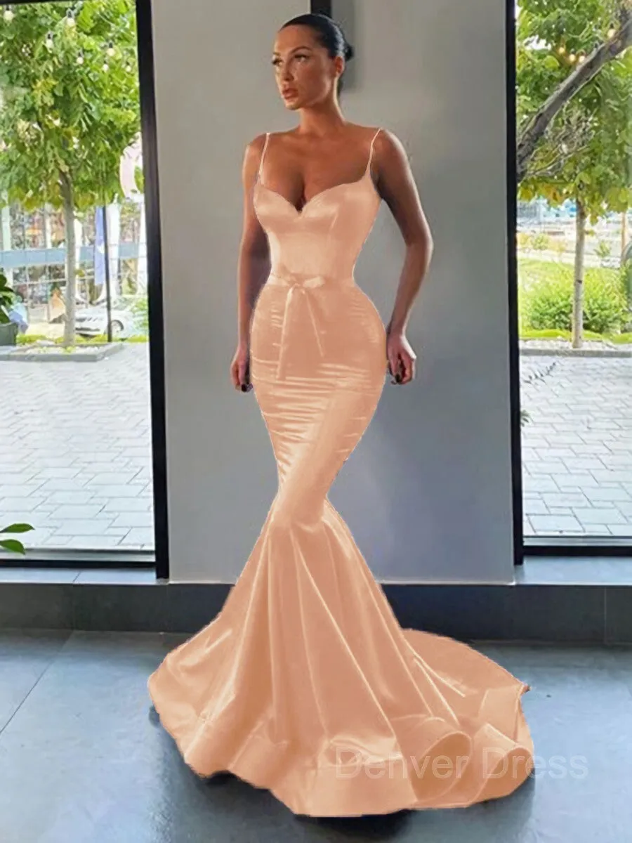Mermaid Sweetheart Sweep Train Silk like Satin Prom Dresses With Sash