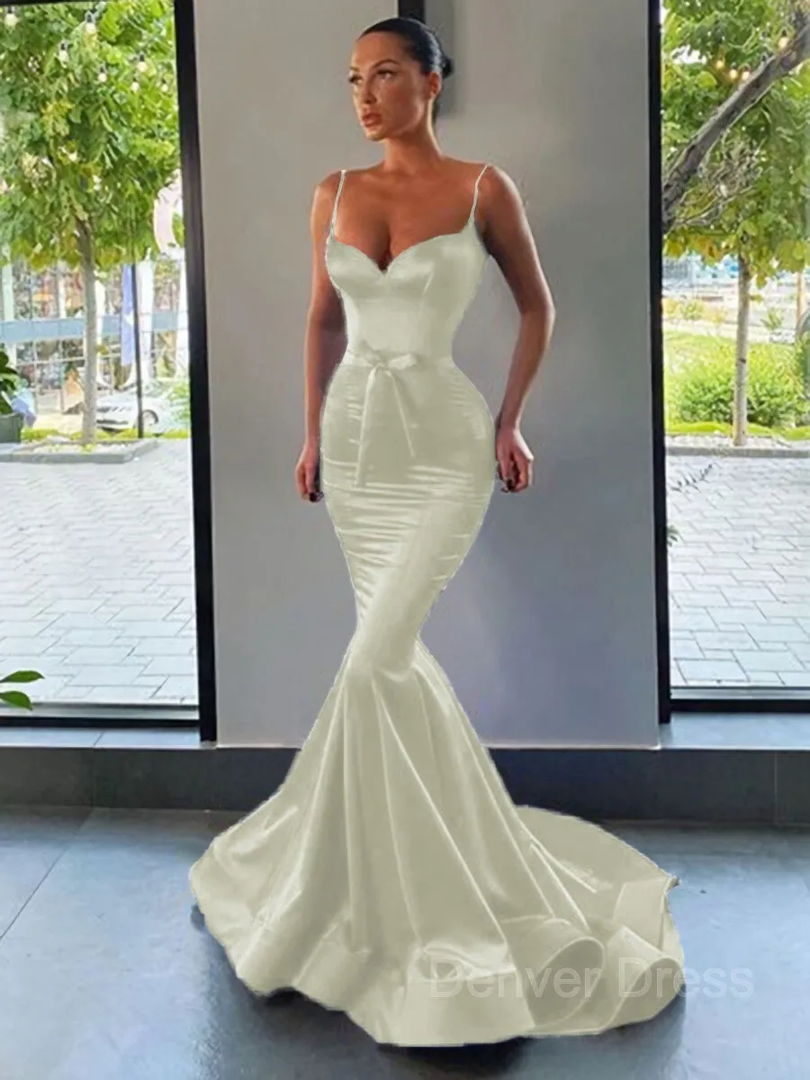 Mermaid Sweetheart Sweep Train Silk like Satin Prom Dresses With Sash