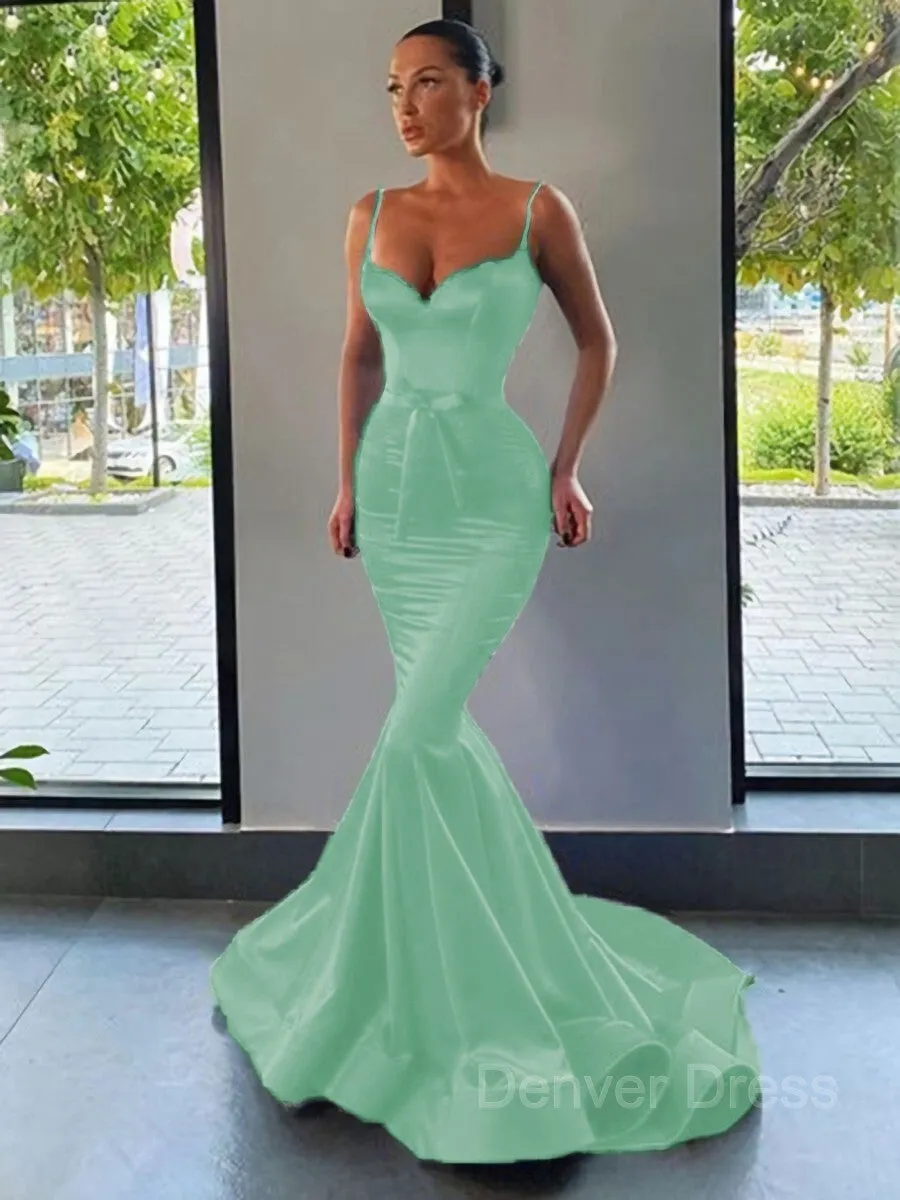 Mermaid Sweetheart Sweep Train Silk like Satin Prom Dresses With Sash