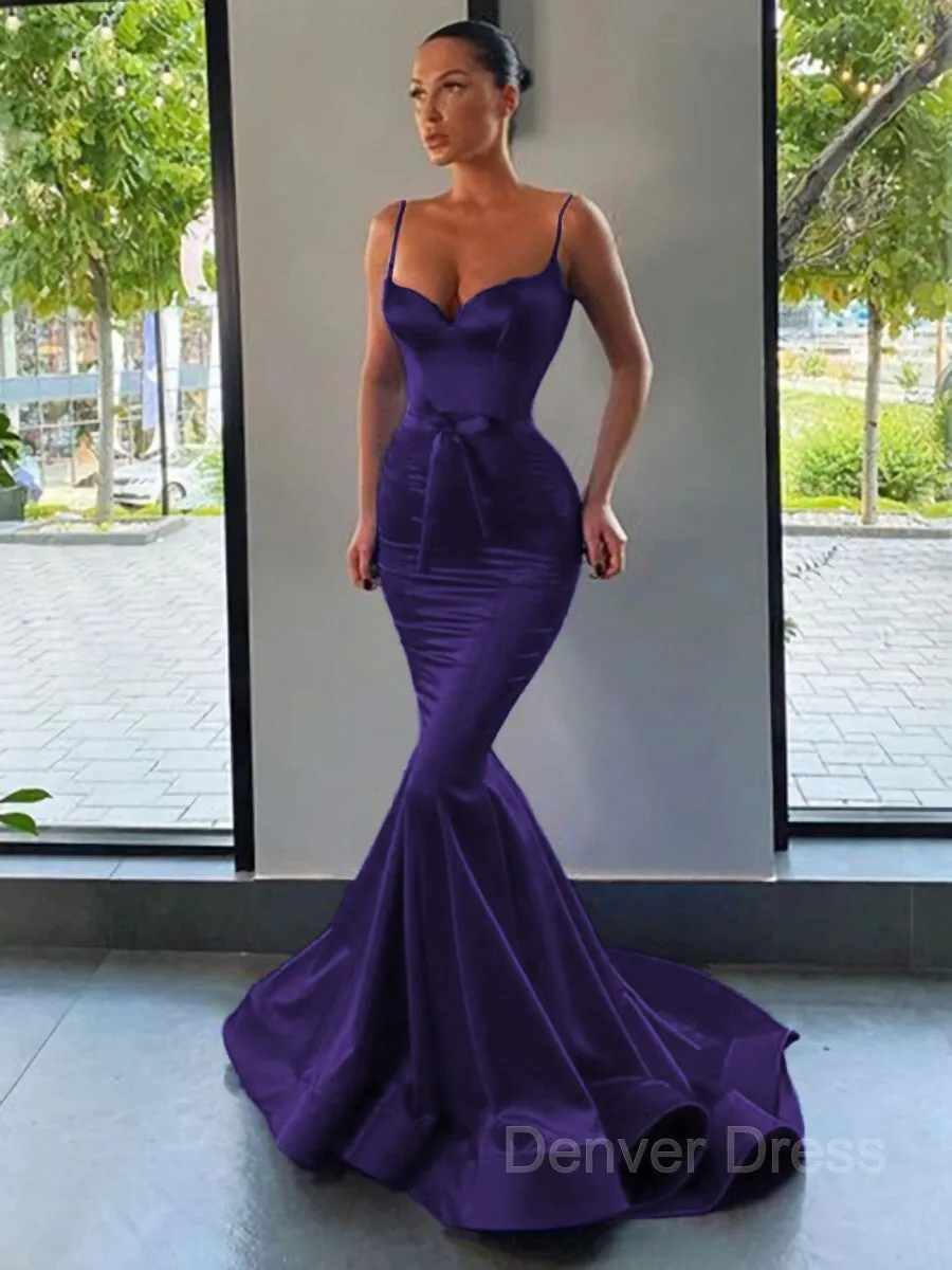 Mermaid Sweetheart Sweep Train Silk like Satin Prom Dresses With Sash