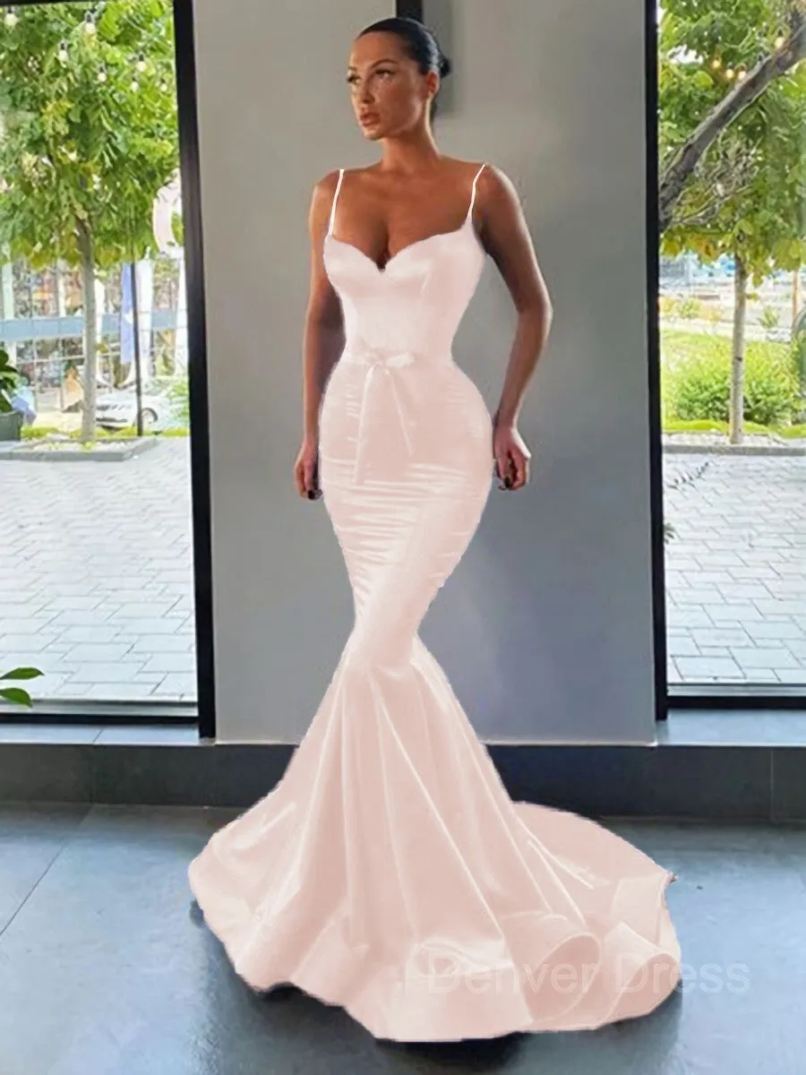 Mermaid Sweetheart Sweep Train Silk like Satin Prom Dresses With Sash