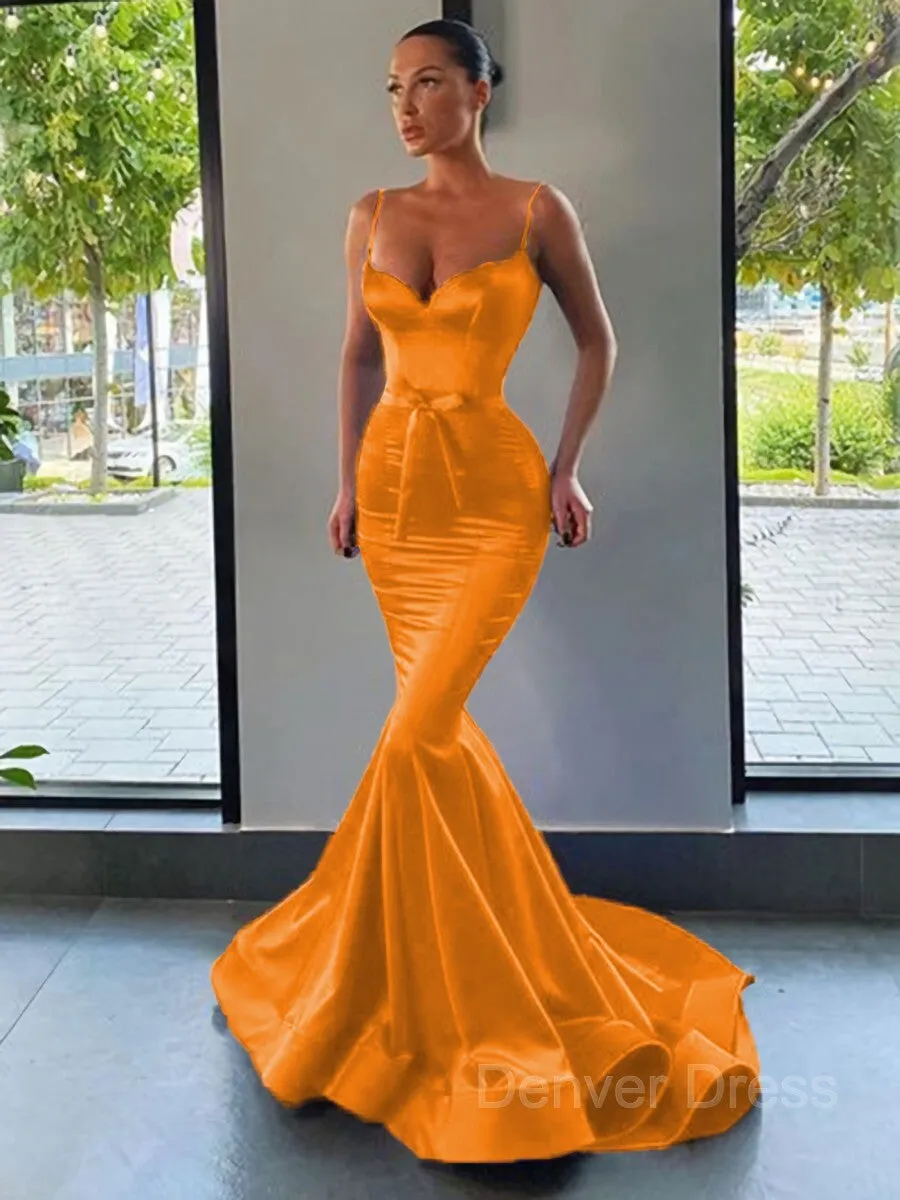 Mermaid Sweetheart Sweep Train Silk like Satin Prom Dresses With Sash