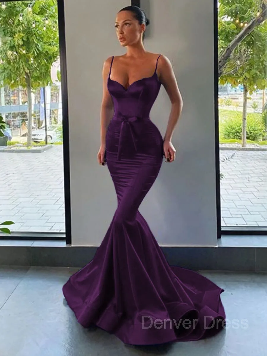 Mermaid Sweetheart Sweep Train Silk like Satin Prom Dresses With Sash