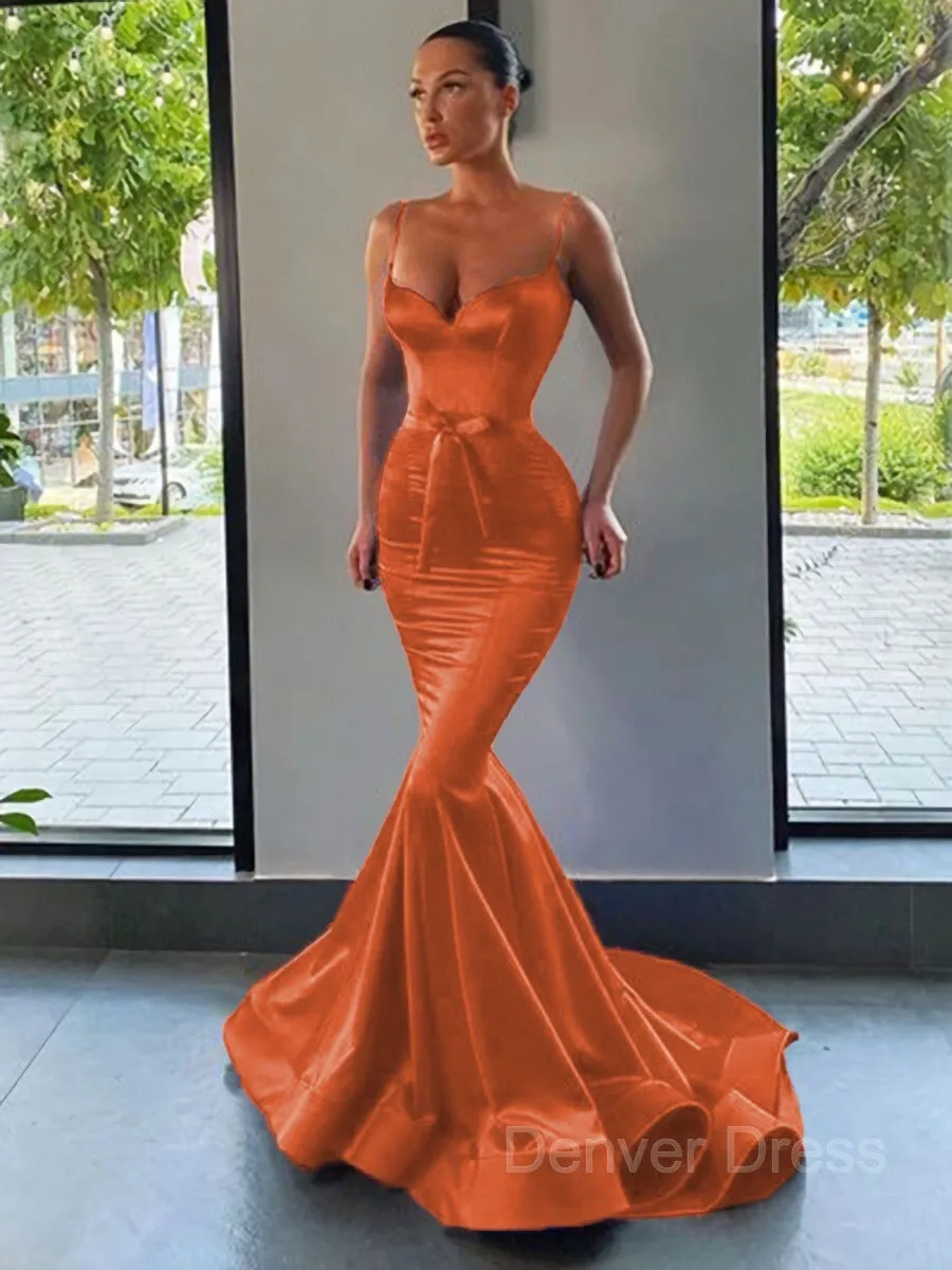Mermaid Sweetheart Sweep Train Silk like Satin Prom Dresses With Sash
