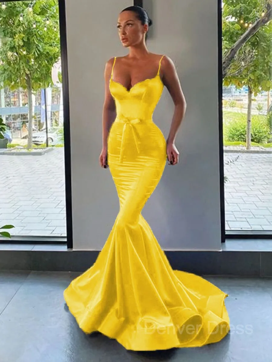 Mermaid Sweetheart Sweep Train Silk like Satin Prom Dresses With Sash