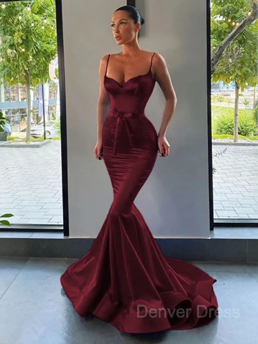 Mermaid Sweetheart Sweep Train Silk like Satin Prom Dresses With Sash