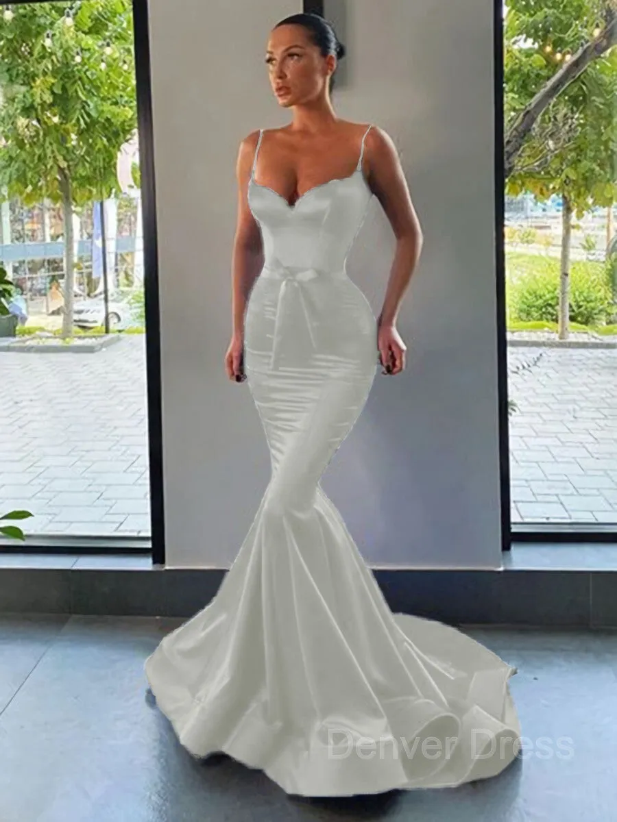 Mermaid Sweetheart Sweep Train Silk like Satin Prom Dresses With Sash