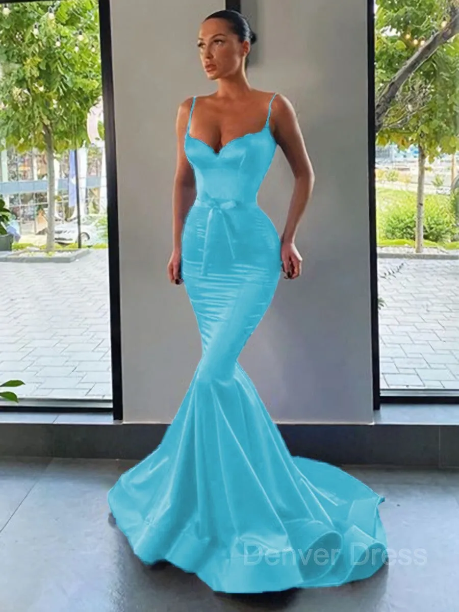 Mermaid Sweetheart Sweep Train Silk like Satin Prom Dresses With Sash